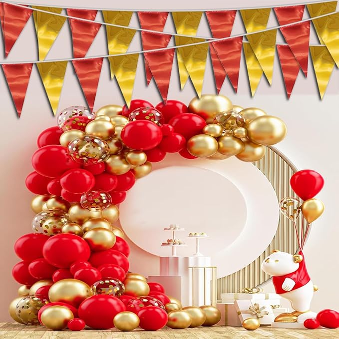 40M/130FT Red Gold Triangle Pennant Banner Flag Metallic Fabric Bunting Garland - Image 3