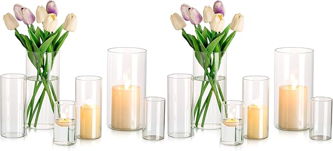 Glasseam Cylinder Vases Set of 12, Hurricane Candle Holder Clear Different Sizes by Glasseam