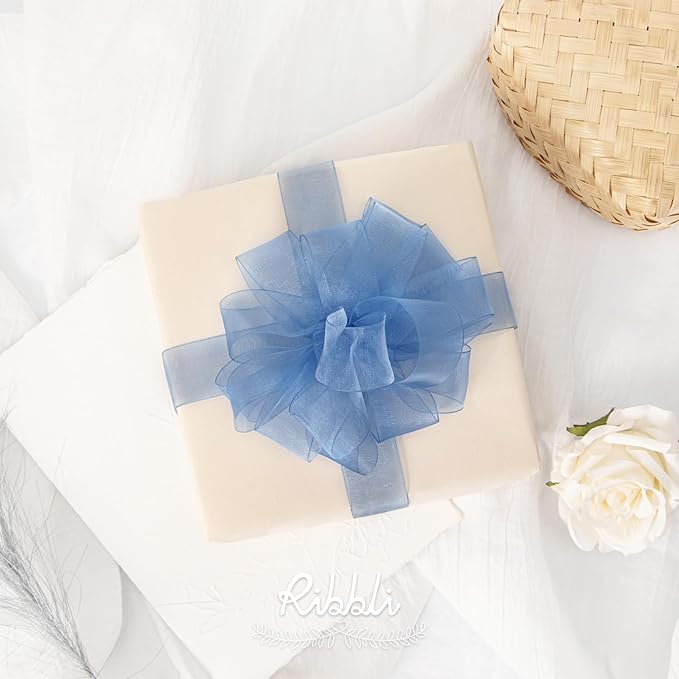 Ribbli Dusty Blue Organza Ribbon 1 Inches x Continuous 50 Yard Blue Sheer Ribbon - Image 2