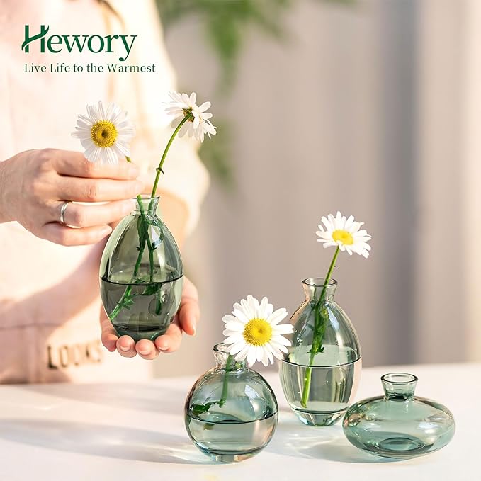 Glass Bud Vases Set of 3, Hewory Cute Green Small Vases Handmade, Mini Glass - Image 5