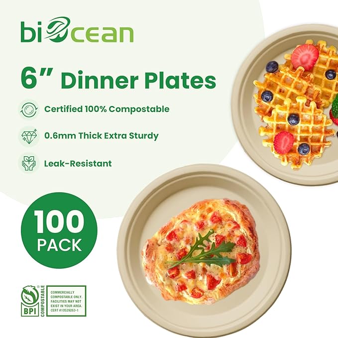 6 Inch Compostable Plates 100 Pack Heavy Duty Compostable Paper Plate, - Image 2