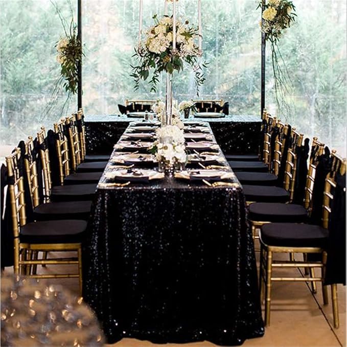 QueenDream Tablecloth 90x156 Rectangle Sequin Tablecloth Black Wedding Table - Image 5