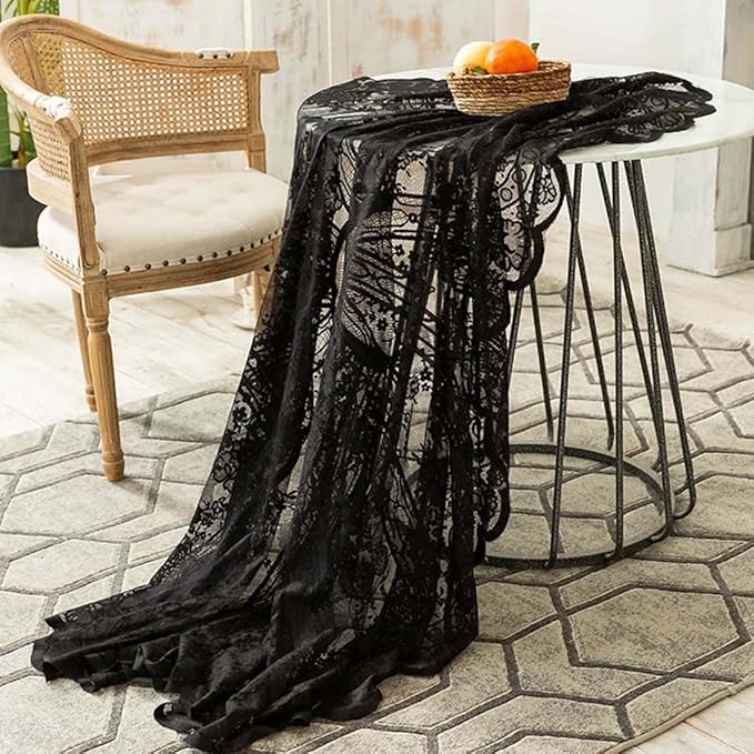 Vintage 60 inch Black Lace Tablecloth Floral Embroidered Boho Shabby Chic Small - Image 2