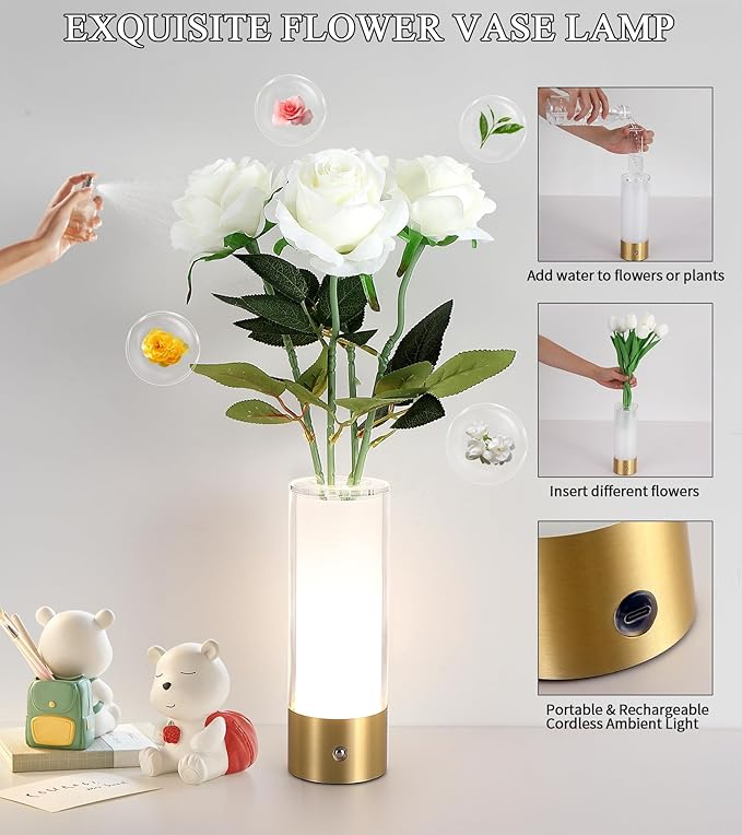 Flower Night Light, Touch Vase Lamp, Rechargeable Cordless Table Lamp, Home - Image 3