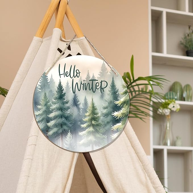 CGBHW Hello Winter Welcome Forest Wooden Sign, Winter Farmhouse Pine Trees - Image 5
