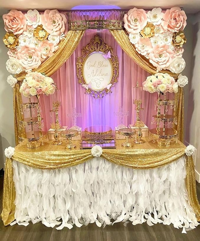 QueenDream 90x132inch Rectangle Sparkly Gold Sequin Tablecloth Wedding Glitter - Image 5