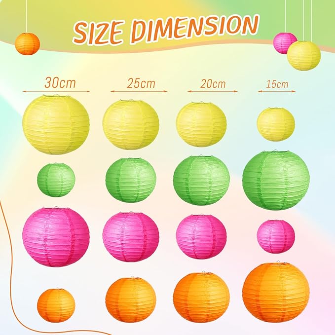 Riakrum 16 Pcs Neon Themed Paper Lanterns Birthday Party Decorations Mixed Size - Image 2