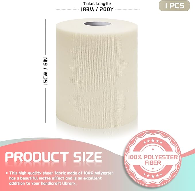 6" x 200 Yards Lvory Tulle Fabric Rolls, Lvory Spool Tulle Ribbon - Image 2