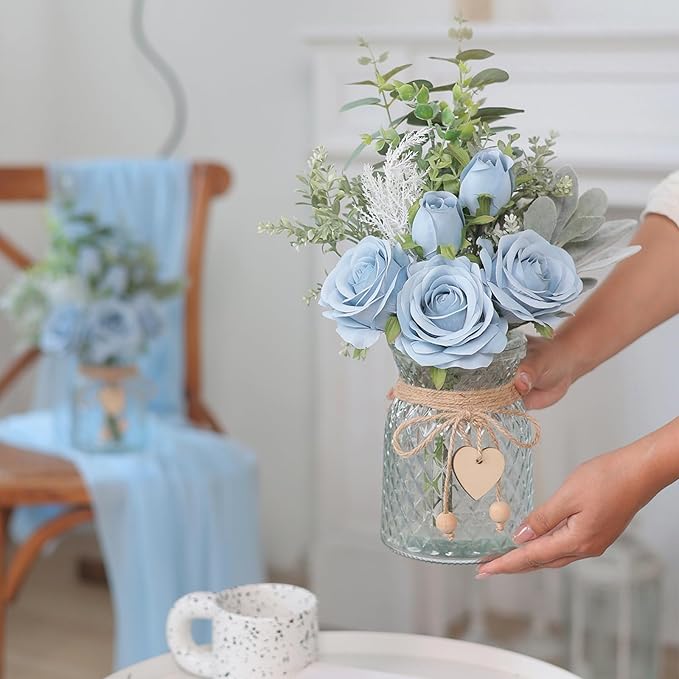 Faux Flowers with Vase, Artificial Silk Roses in Vase, Fake Plant Eucalyptus - Image 8