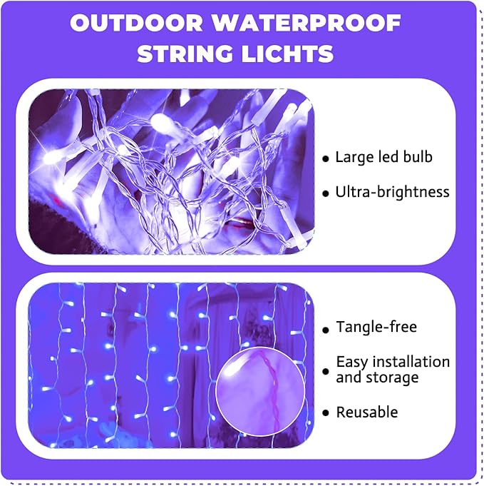 Curtain Light for Bedroom, 200LED 6.6x6.6ft Purple Window Wall Hanging Fairy - Image 2