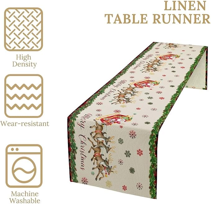 Christmas Table Runner, Xmas Deer Cute Santa Claus Red Plaid Pattern Printed - Image 2