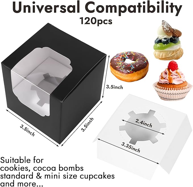JCD 120 Boxes+120 Inserts Black Cupcake Boxes Individual Cupcake Container 3.5" - Image 2