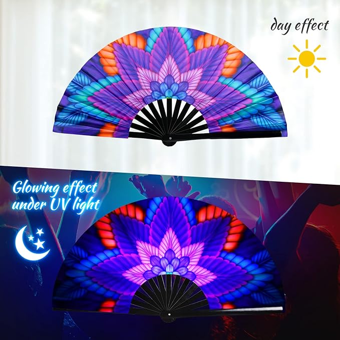 SYNTECSO Folding Hand Fan for Rave, UV Glow Fan, Large Bamboo Fan for Drag Queen - Image 5