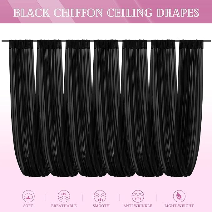 6 Panels Black Ceiling Drapes for Wedding 5ftx40ft Sheer Drapery Chiffon Fabric - Image 7
