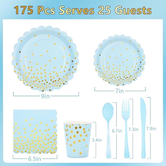 Blue and Gold Party Decorations 175PCS Light Blue Paper Plates and Napkins and - Image 2