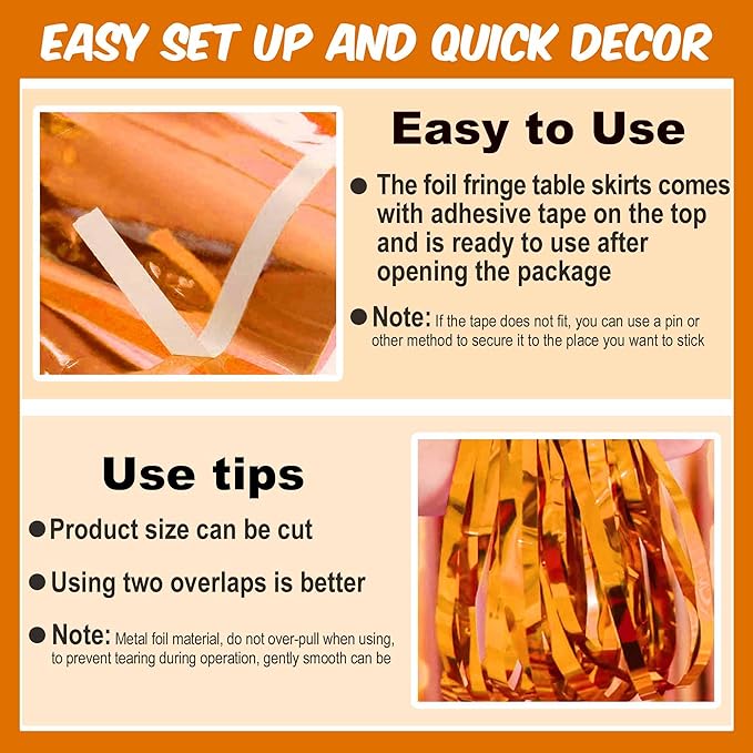3 Pack Orange Foil Fringe Table Skirts Metallic Tinsel Streamers Garland Banner - Image 3