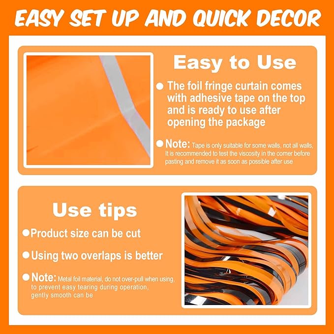 6 Pack Black Orange Foil Fringe Curtains Backdrop, 3.28 x 8.2 Ft Metallic - Image 3