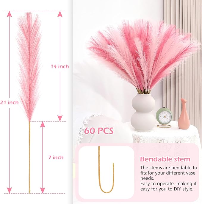 60 Pcs Pampas Grass Decor 21.7 Inch Faux Pink Pampas Grass Bulk Artificial - Image 5