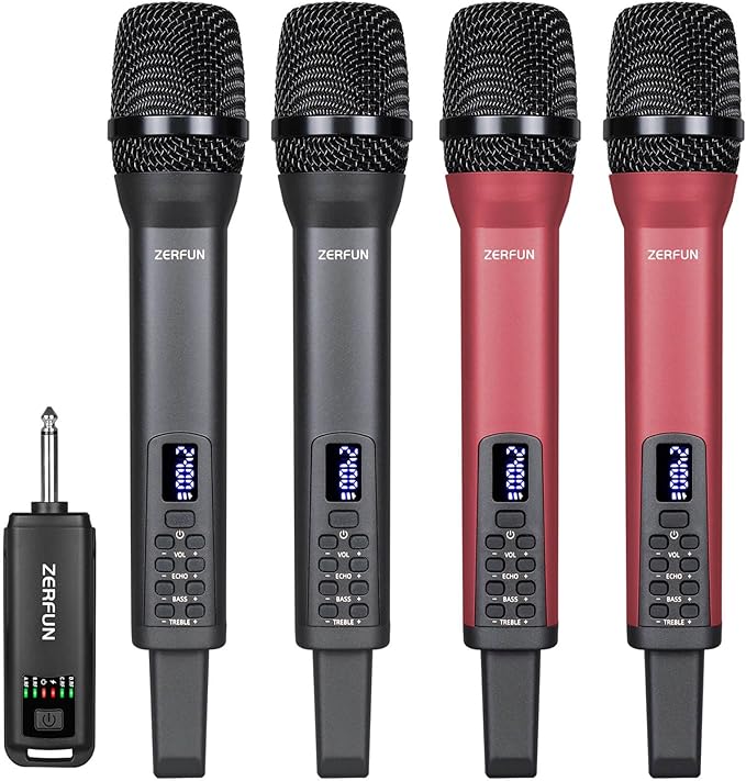 4 Rechargeable Wireless Microphones, Pro Handheld Cordless Mics System by ZERFUN