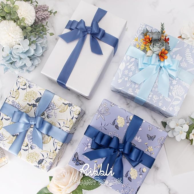 Ribbli Dusty Blue Satin Ribbon 1 Inch x 4 Rolls Total 40 Yards- Light - Image 2