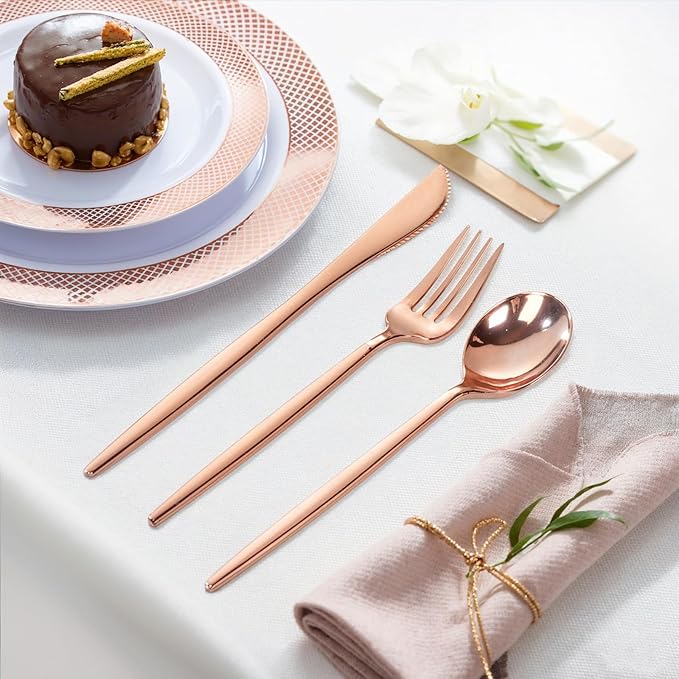 PULOTE 300PCS Rose Gold Plastic Silverware Set - Image 5