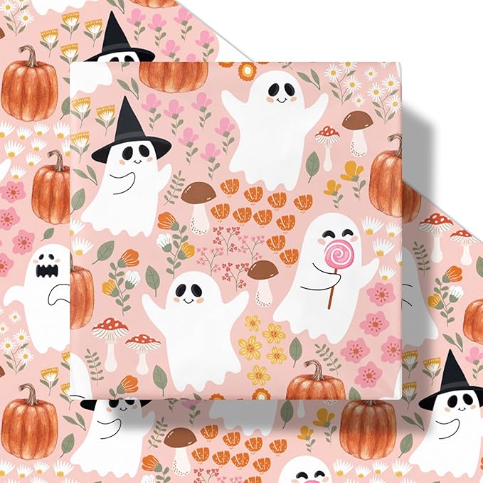 LeZakaa Pink Halloween Wrapping Paper Roll, Cute Ghosts Pumpkins Fall Florals - Image 2