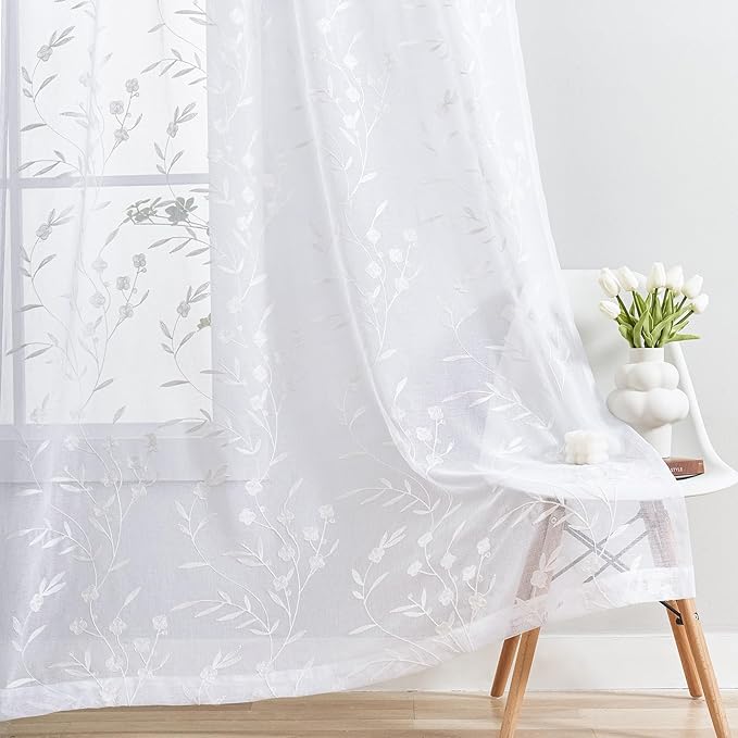 Sheer Curtains White 45 Inches Long Floral Embroidery Rod Pocket Voile Drapes - Image 4
