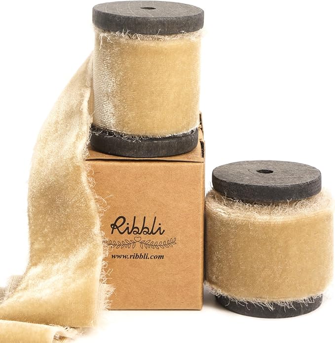 Ribbli Light Champagne Velvet Ribbon 1.5 Inch Handmade Frayed Christmas Ribbon by Ribbli