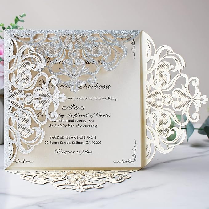 Hosmsua 50PCS Personalized Silver Glitter Laser Cut Wedding Invitation Cards - Image 4
