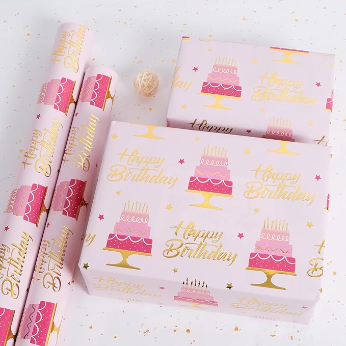Aimyoo Pink Birthday Wrapping Paper Roll - Image 4