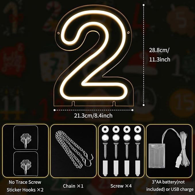 Number 2 LED Neon Sign Backdrop Birthday Party Decoration, 11.3" Height Warm - Image 3
