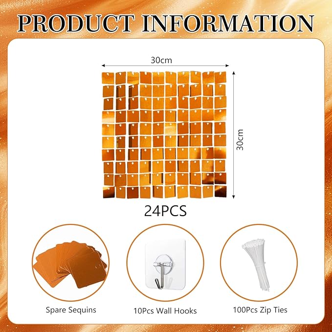 24PCS Orange Shimmer Wall Backdrop, Square Sequin Backdrops Panel, Glitter Wall - Image 2