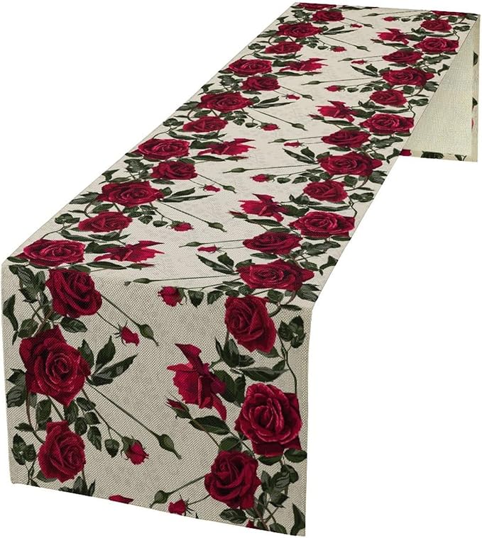 Rose Table Runner, Retro Red Rose Flowers Green Leaves Valentine's Day Kitchen by Unknown
