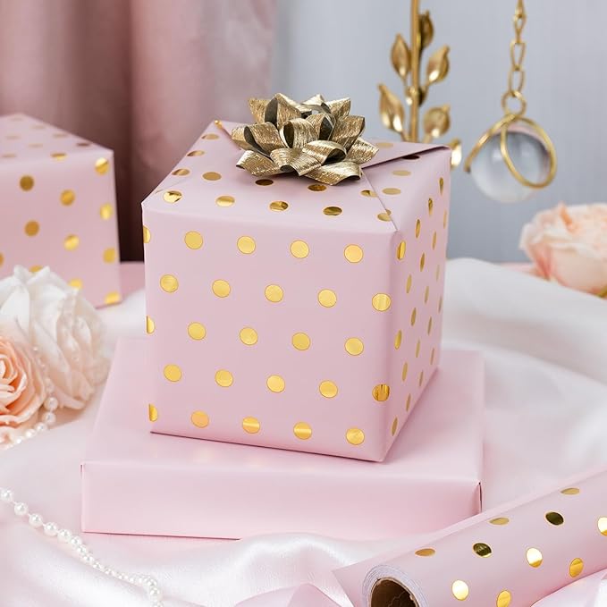 Flyhill Pink Wrapping Paper Roll, Reversible Mini Roll Gold Foil Polka Dot Gift - Image 7
