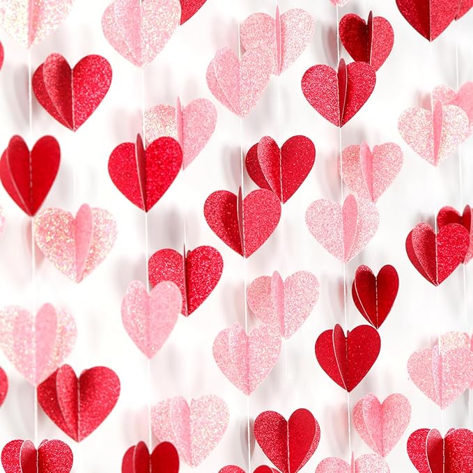 Red Pink Party-Decorations 3D-Heart Garland - 40ft Galentines Streamers Paper by Hugfond