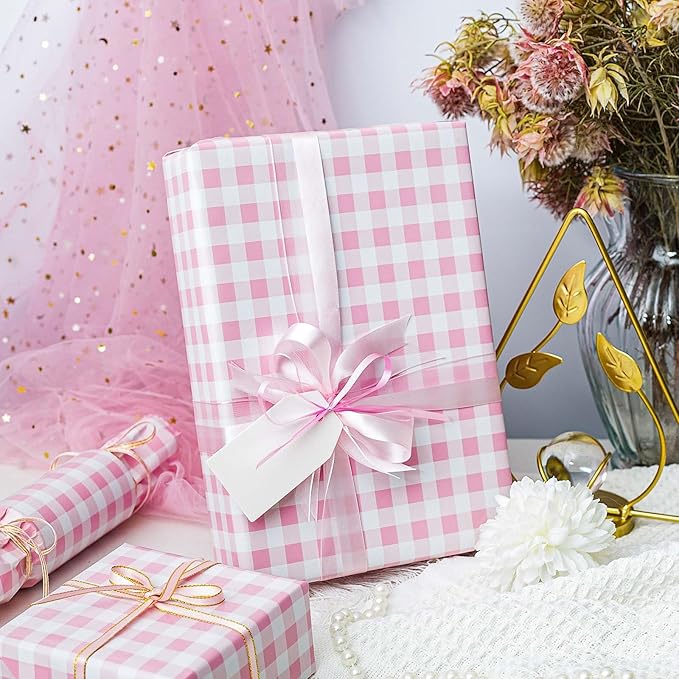 Burymento Pink Checkerboard Wrapping Paper, Gift Wrap - Image 2