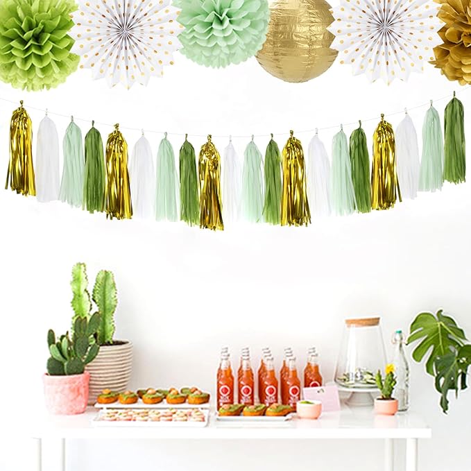 Sage-Olive Green Gold Party-Decorations Tassel-Garland - Image 4