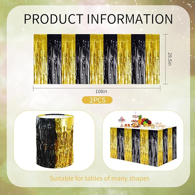 BEISHIDA 2 Pack Black Gold Table Skirts Party Decorations Metallic Tinsel Foil - Image 2