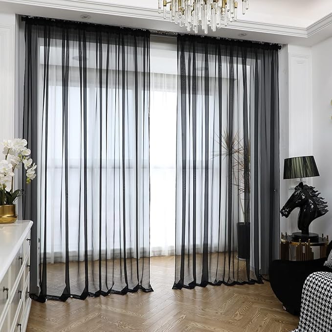 Window Black Sheer Curtains 60 Inches Width 45 Inches Long 2 Panels Sheer by L%26TEC
