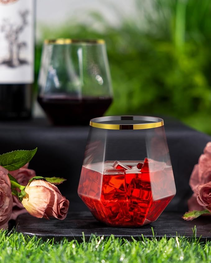 40 PCS Clear & Gold Rim 12 Oz Plastic Wine Whiskey Glasses, Diamond Stemless - Image 7
