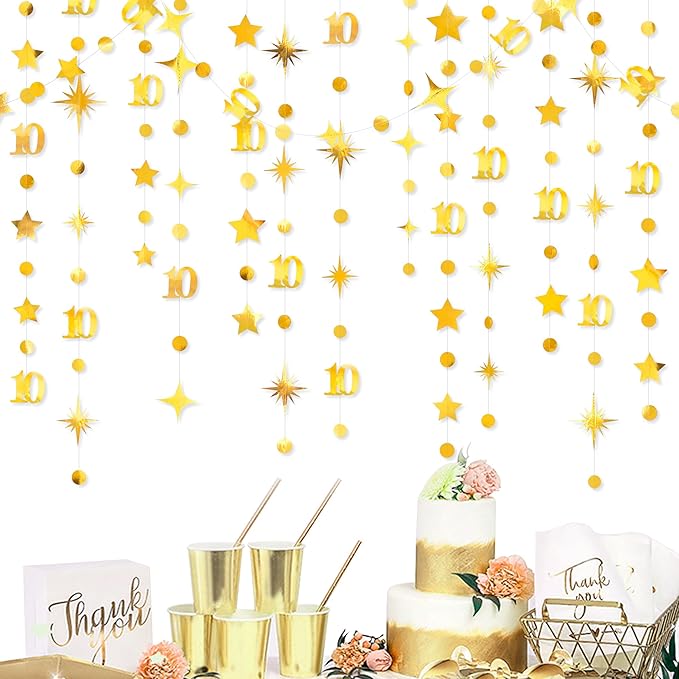 Gold 10th Birthday Decorations Number 10 Circle Dot Twinkle Star Garland - Image 3