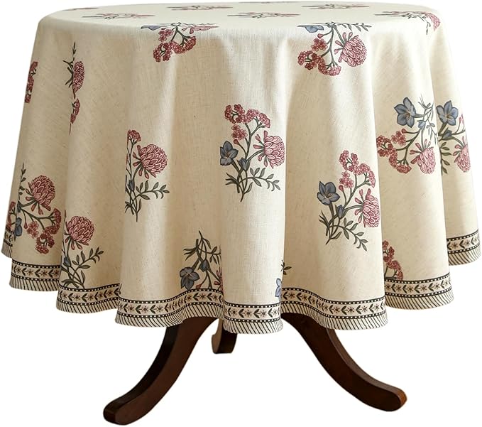 ISAENNE Designer Linen Light Beige Round Tablecloth, French Colorful Floral by Isaennehomedecoration