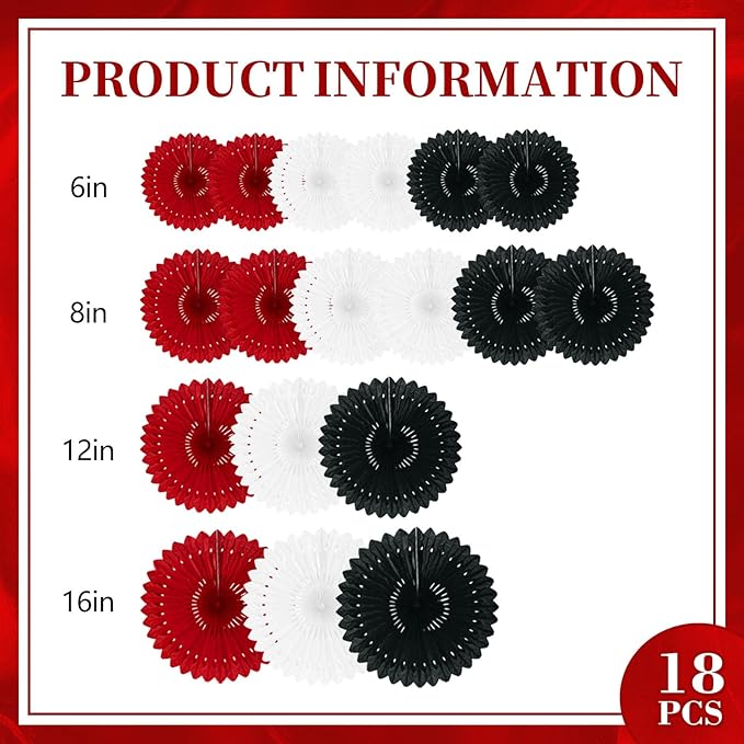 18 Pcs Red White Black Hanging Paper Fan, Hanging Honeycomb Round Paper Fans - Image 2