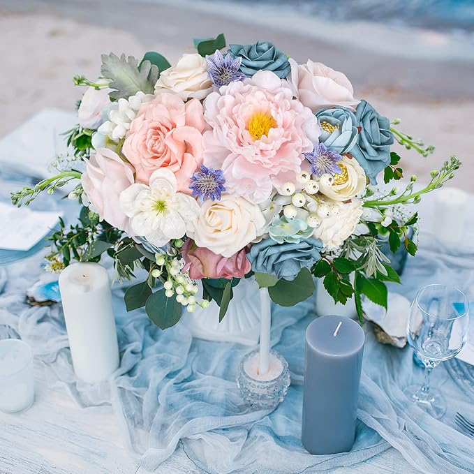 AmyHomie Blue Pink Artificial Flowers Combo Silk Mix Peony Rose Hydrangea Daisy - Image 5