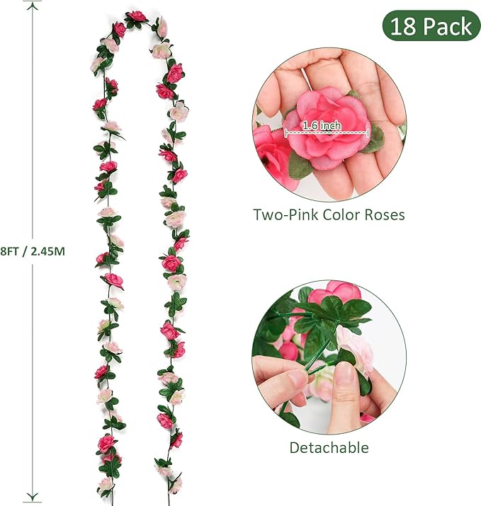 KHOYIME 18 Pack 144 FT Artificial Flower Garland, Fake Pink Roses Vines Silk - Image 3