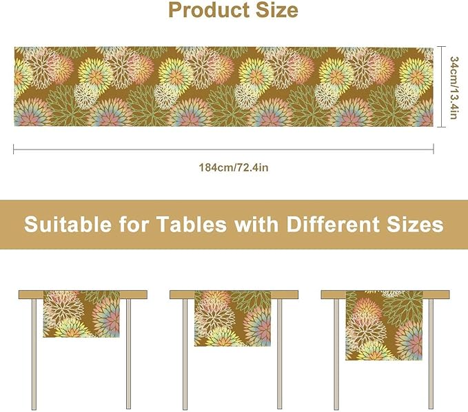 Brown Grey Dahlia Flower Table Runner, Linen Geometric Pattern Floral Table - Image 3