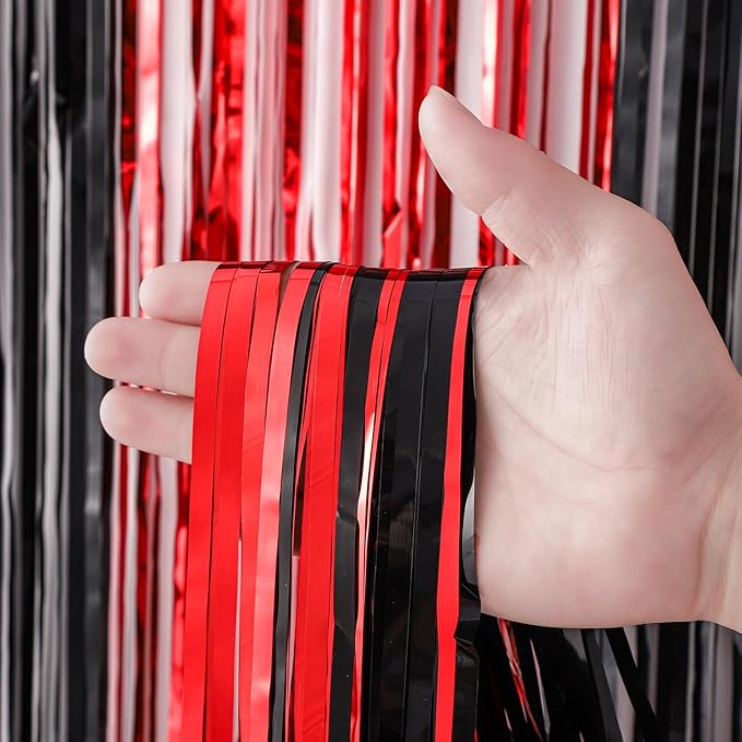 4 Pack 3.3x8.2 Feet Red and Black Foil Fringe Backdrop Curtains, Tinsel - Image 2