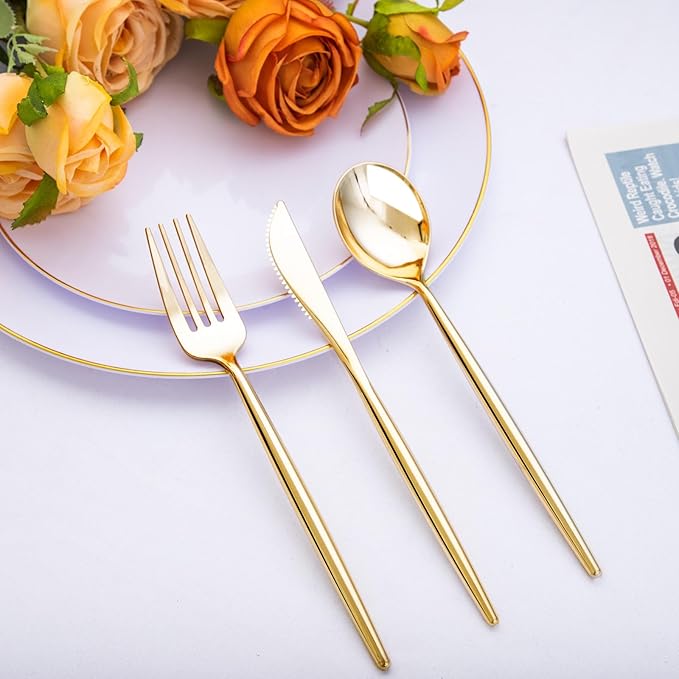 SUT 300 Pcs Gold Plastic Cutlery, 100 Gold Plastic Spoons, 100 Gold Plastic - Image 3
