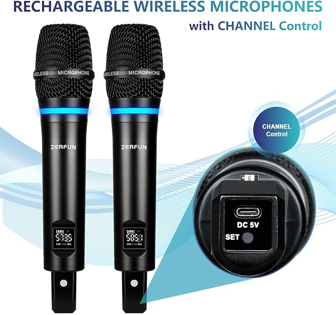2 Channel Rechargeable Wireless Microphone System, Pro UHF Metal Handheld - Image 4