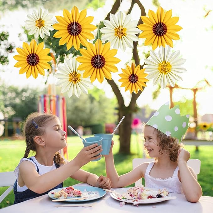 Easy Joy 9PCS Sunflower Party Decorations Sunflower Paper Fans Yellow Birthday - Image 6
